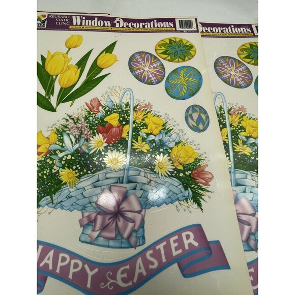 Vintage Lot of 4 Easter Egg Flower Basket Window Clings Vinyl Decoration - Picture 5 of 12